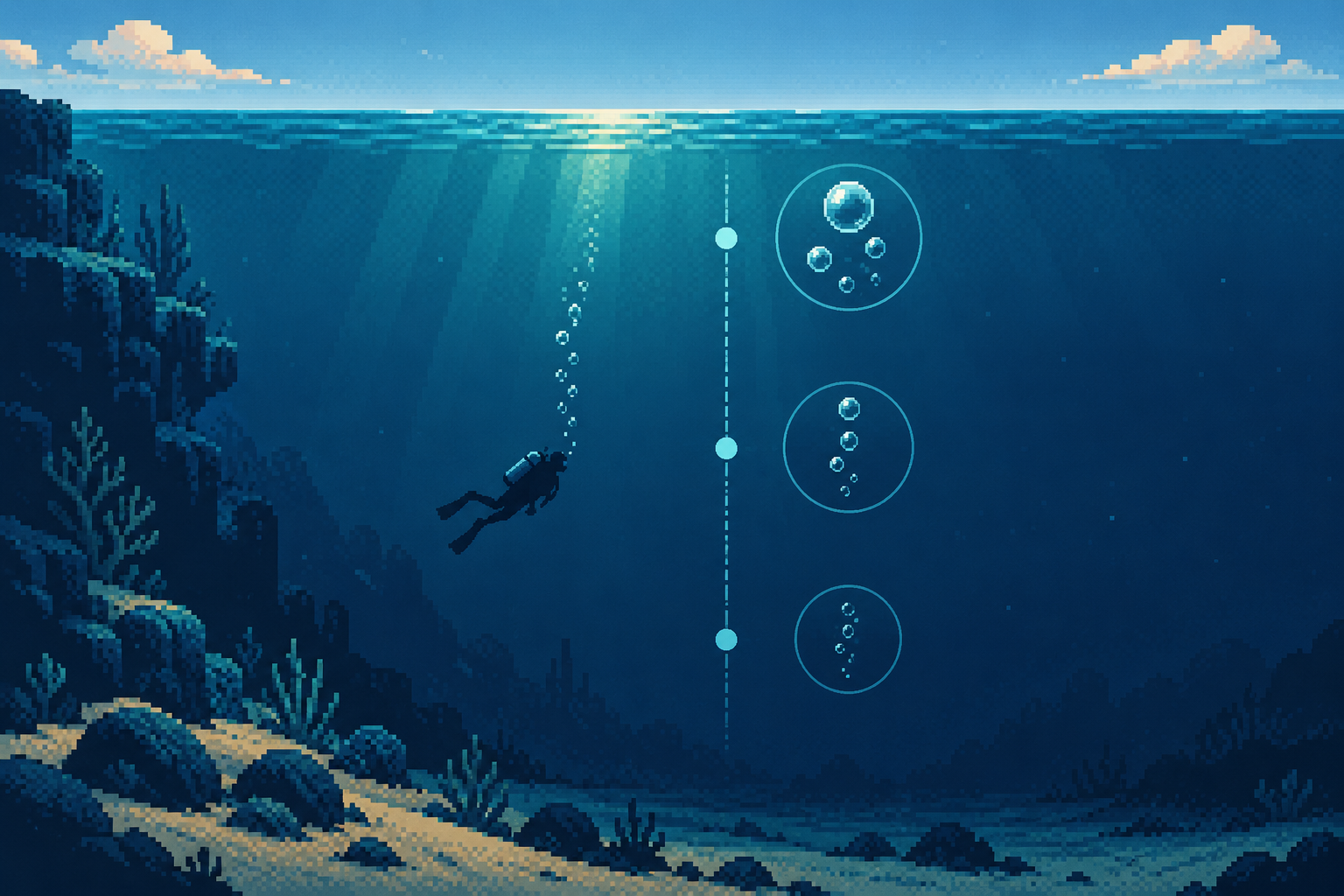 Ilustración conceptual de una columna de agua y burbujas que cambian de tamaño.